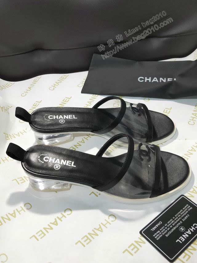 Chanel女鞋 香奈兒專櫃新品 原版透明水晶跟 小香一字拖鞋  naq1033